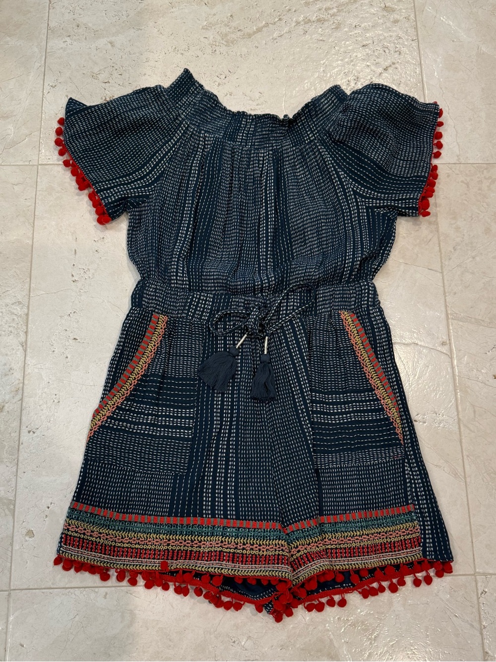 THML Navy Off Shoulder Embroidered Pom Pom Romper XS Boho Tassel Festival